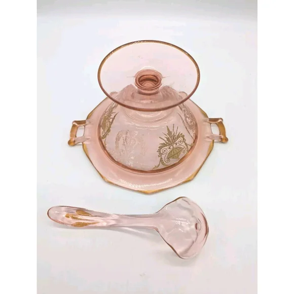 Pink Cambridge ? Gold Trim Mayonnaise Bowl and Ladle - Picture 7 of 9